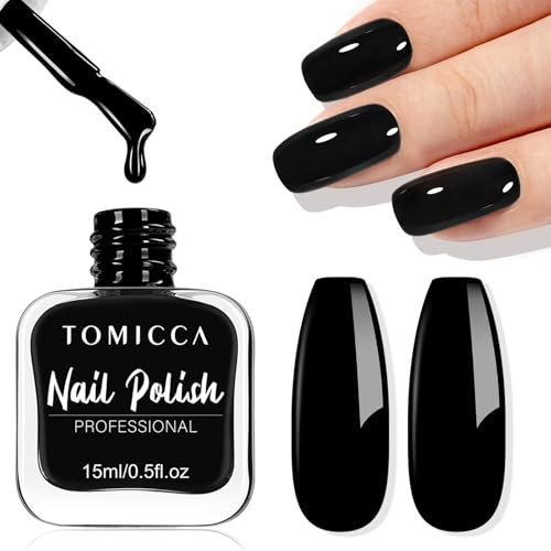 TOMICCA Quick Dry Black Nail Polish, Dark Black, No Cured Chip Resistant & Longwear, 0.53fl oz