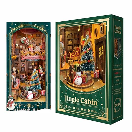 Strucwood Christmas Book Nook Kit with LED Light - 3D Wooden Puzzles Book Nook for Book Shelf Decor - Diy Dollhouse Kit - Rotating Decor with Dust Cover Jingle Cabin (SQ-34)