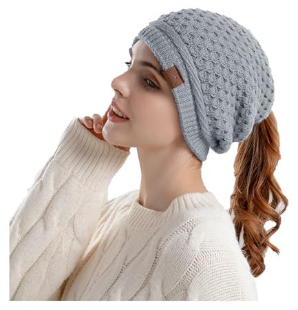 ZC8bdbd Wintermützen für Damen, Strickmütze, warme Beanies mit Pferdeschwanz-Loch, Grau, Einheitsgröße