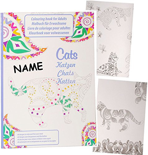 alles-meine.de GmbH 1 Stück A4 - großes Malbuch - Colour Therapy - Katzen - incl. Name - 48 Seiten - Anti Streß - für Erwachsene & Kinder - Tattoo Dot Style - Buch zur Ents..