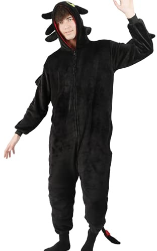 Costume unisex per adulti con cappuccio e pigiama con animale, tuta per cosplay, carnevale, festa, Halloween, Nero , X-Large