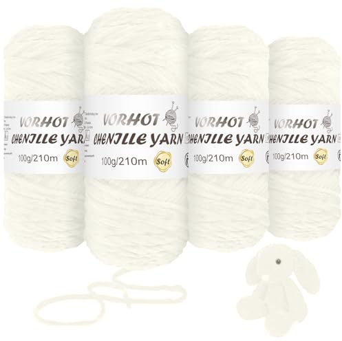 VORHOT 400g Filato di Ciniglia, 4 Rotolo Morbido Lana di Ciniglia, Lana Vellutata per Bambini per Lavorare a Maglia, Opalino
