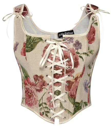 SCARLET DARKNESS Women's Red Retro Renaissance Bustier Corset Top Lace-up Overbust Floral Vest Corsets for Women Cosplay Party Beige Red Floral 16