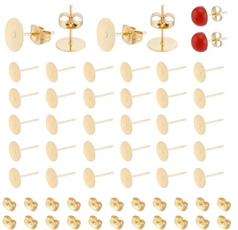 UNICRAFTALE 150 orecchini a perno con imbottitura piatta, placcati in oro 24 carati, 8 mm, in acciaio inox, rotondi, vuoti, per la produzione di orecchini e gioielli fai da te