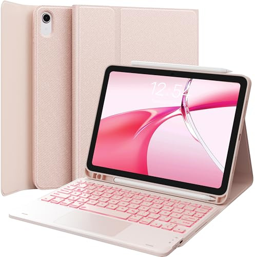 CHESONA Hülle mit Tastatur für iPad 11 Gen(A16, 2025)/iPad 10 Gen(2022) | 7 Farben Beleuchtung, Multi Touch Trackpad, 2 Bluetooth Kanäle, QWERTZ, Hellrosa