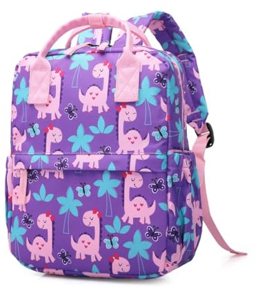 KingCheer Toddler Backpack & Rucksack for Boys & Girls – Mini Lightweight Schoolbag Backpack with Chest Strap, Perfect for Preschool, Kindergarten, Nursery & Travel(12Inch, Purplre Dinosaur)
