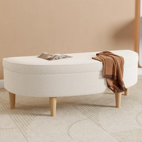 Polsterbänke, Bettbänke, Betthocker, halbkreisförmige Hockerfläche, geformt, Bänke für das Schlafzimmer, Klavierbänke, Esszimmerbänke mit Stauraum, Holzbein, Vliesimitat (Weiß, 119*40*39cm)