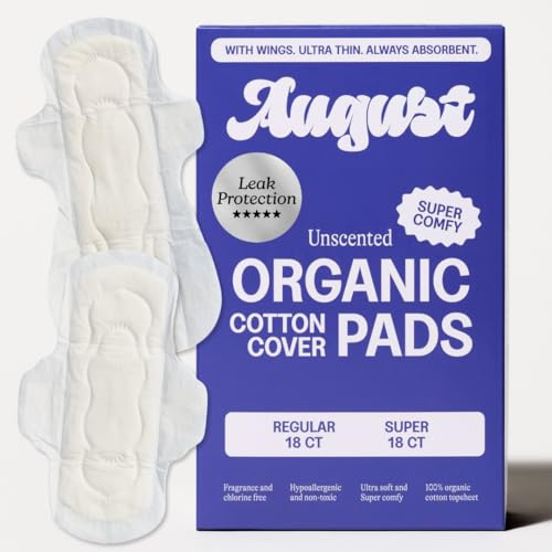 August Regular & Super Organic Pads for Women, 36 (18+18) Ultra Thin Pads with Wings, Hypoallergenic Sanitary Napkins with Organic Cotton Topsheet, Compostable Wrapper, Non-Toxic, Fragrance-Free