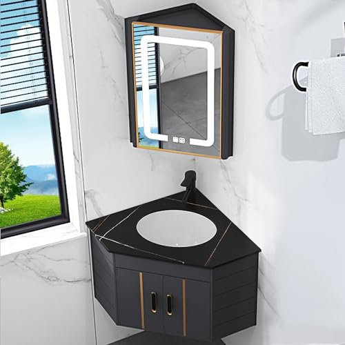 Mobile bagno angolare con lavandino e specchio LED anti-appannamento da parete, per cucina di casa e lavanderia, design salvaspazio elegante e funzionale (dimensioni: BK)