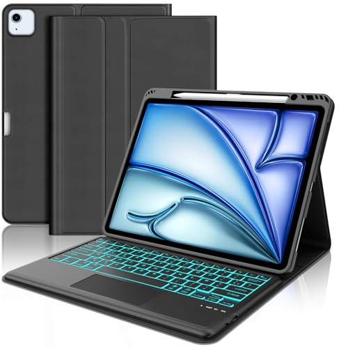 WAVATA Clavier pour iPad Air 13 M2 2024/M3 2025, iPad Pro 12.9 6e/5e/4e/3e Gén 2022/2021/2020/2018, Coque Clavier avec Rétroéclairées Pavé Tactile Magnétique Détachable Français AZERTY Layout, Noir