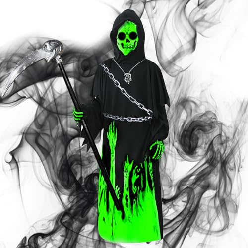 Costume de faucheuse, 6 pièces, pour enfant, avec vêtements fantômes fluorescents, faucille, gants, accessoires de jeu de rôle pour Halloween, carnaval, fête cosplay