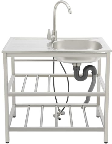 Fregadero independiente para exteriores, 1 lavabo, de acero inoxidable, con grifo, tubos de agua fría y caliente, para taller, granja, gastronomía, jardín, 75 x 40 x 78 cm