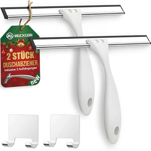 2 Stück Duschabzieher Edelstahl 25cm, Abzieher Dusche mit 2 Halterung, Fensterabzieher für Badezimmer, Spiegel und Fliesen, Streifenfreie Reinigung für Glasflächen, Weiß