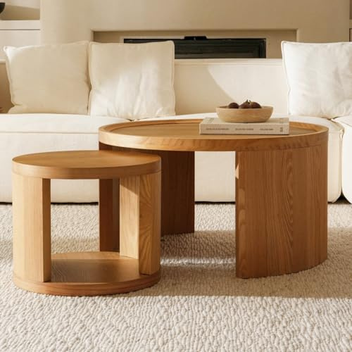 FAME HOME Round Nesting Coffee Table Set of 2, Brown Coffee Table, 31.5 Large & 18 Small Low Tables with Wood Top, Center Table for Living Room, Bedroom, Minimalist Center Table Set