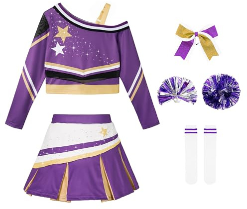 LOLANTA Glitzerndes Cheerleader Kostüm für Mädchen mit Pompons, Haarband & Socken, Faschingskostüme, lila, 10-11 Jahre, 150