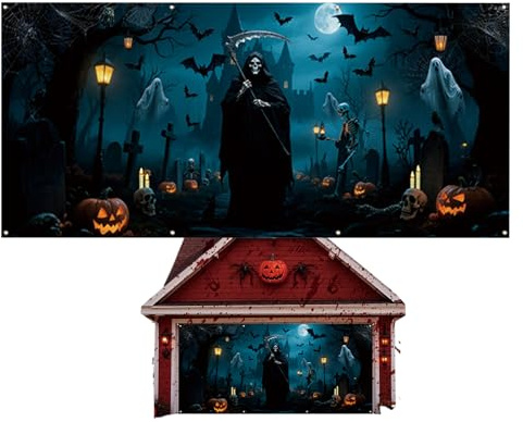 doyandader Cartel para puerta de cochera – Mural de puerta de Hallowen | Decoración de pared colgante para el hogar, para fiestas de vacaciones, fotografía, césped, patio, jardín
