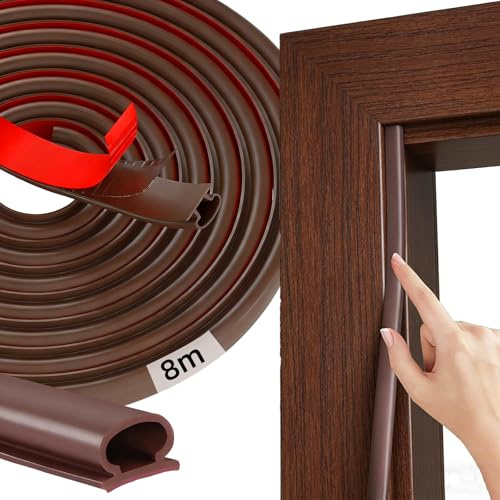 Feegela Joint Porte Fenêtre Isolation - Bande d'Étanchéité Auto-adhésive 8m en TPE, Joint Porte Entrée Marron Type D, Isolation Phonique et Anti-froid pour Portes et Fenêtres Bois/PVC