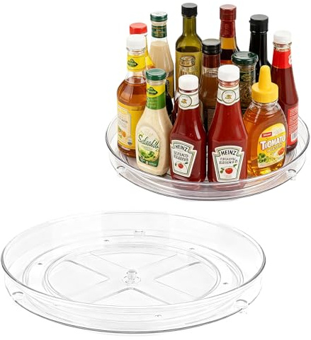 HESUSLA 2 Pack Lazy Susan Turntable Cupboard Organiser,360°Rotating Spice Racks for Kitchen Cabinet,Fridge and Pantry Organizer,Clear Acrylic Revolving Condiment Holder﻿ (2 Pack 27+23.5CM)