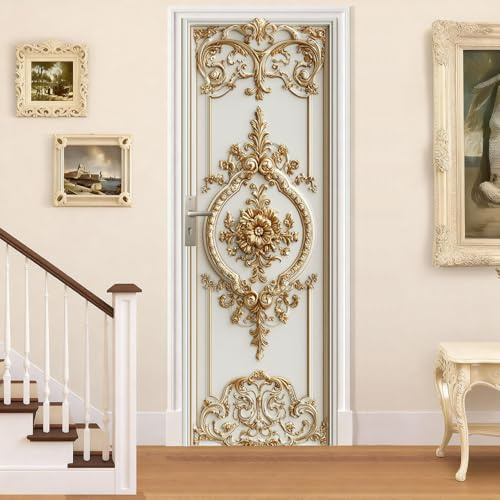 Cmialusie Peel and Stick Door Wallpaper 30.31 x 78.74 Inch Gold Baroque Door Sticker Ivory Ornate Decorative Door Cover Full Door Mural for Bedroom Home Decor