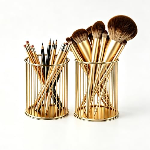 virkwuy 2 Stück Pinselhalter Stiftehalter Gold Schminktisch Organizer Pinse | 10 × 8 × 8 cm Entworfen für die Organisation Ihres Schreibtisches, Geeignet für Frisiertische, Schreibtische und Büros