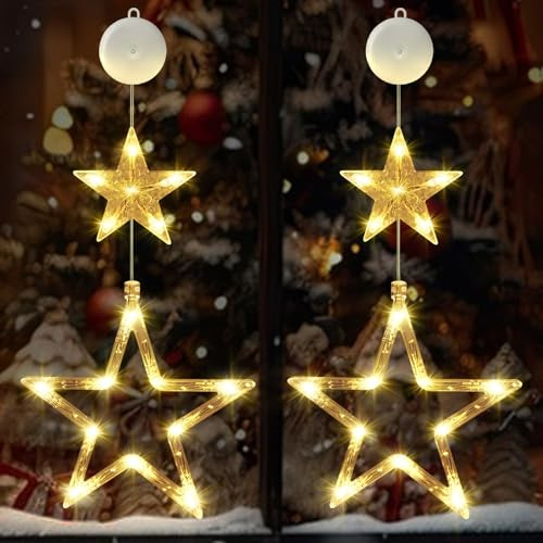 CNMTCCO LED Sterne Weihnachtsbeleuchtung, 2 Stück Fenster Weihnachtsdeko Innen – Batteriebetriebene mit Timer & 2 Modi, Warmweiß Saugnäpfe Lichtvorhang für Weihnachten Party Balkon & Hochzeit