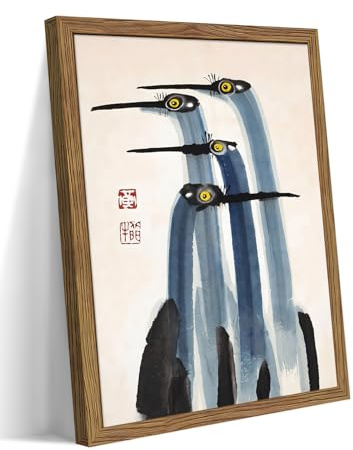 Framed Vintage Canvas Wall Art, Elegant Ink Cranes Painting, Antique Watercolor Prints, Classic Chinese Style Bird Artwork, Farmhouse Wall Decor for Living Room Study Office – 16x24 inch