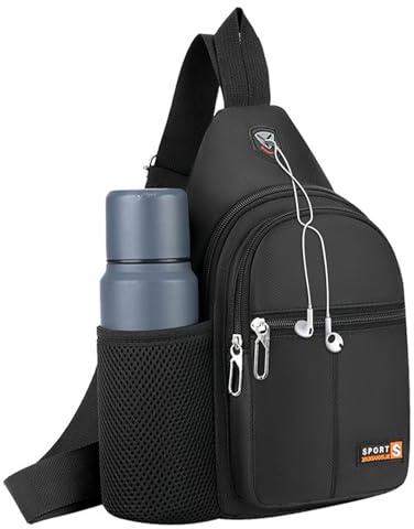 InfiniZer Unisex Cross Body Bag for Men Women, Waterproof Shoulder Bag with Side Mesh Water Bottle Pocket Adjustable Strap and Headphone Hole, Ideal Running Hiking Daypack (Black)