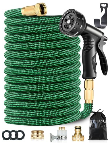 150FT Expandable Garden Hose, Flexible Magic Water Hose with 3/4 & 1/2 Fittings, 10-Pattern Thumb Control Spray Nozzle, 3750D Durable Outer Layer, Leakproof, Kink-Free & Lightweight, Green