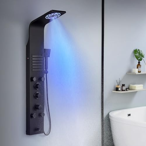 KINKIBOS Duschpaneel mit Thermostat, 6 Funktionen Duschpaneel mit LED Regendusche, Nebeldusche, Massagedüsen, Handbrause und Wanneneinlauf, Duschsäule aus Edelstahl Schwarz Matt