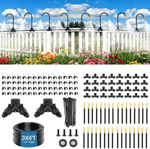 FANGCCC Kit de système d'irrigation goutte à goutte de 60 m, système d'arrosage de jardin avec 32 tiges de pulvérisation réglables à 360°, tuyau d'irrigation de 6,35 mm et répartiteurs en Y à