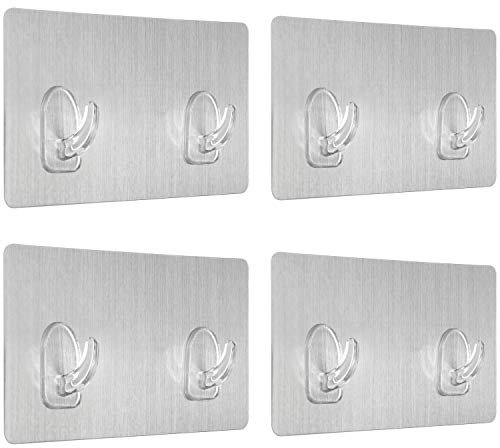 com-four® 4x Doppel-Wandhaken in Metall-Optik - Wunderhaken auf Selbstklebepad - Klebehaken ohne Bohren (4 Stück - Doppelwandhaken Metalloptik)