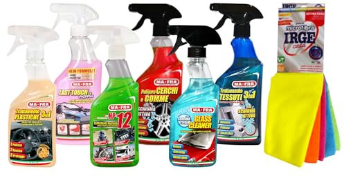 Ma-Fra Kit detergente per Trattamento Auto Interno ed Esterno. 3IN1 PLASTICA-LAST TOUCH-HP 12 - CERCHI & GOMME - GLASS CLEANER - Trattamento TESSUTTI 3IN1 INSIEME 7 PANNI MICROFIBRA MULTIUSO 30x35 cm