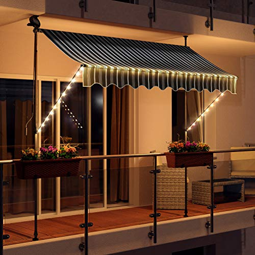 Swing & Harmonie LED - Markise mit Kurbel Klemmmarkise Balkonmarkise mit Beleuchtung und Solarmodul Fallarm Markise Sonnenschutz Terrasse Balkon (250x150, grau/Weiss)