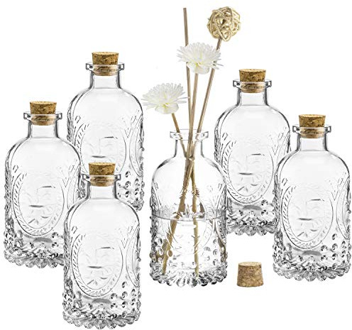 MyGift Vintage Design Embossed Fleur De Lis Clear Glass Bottles with Cork Lid, Apothecary Flower Bud Vases, Set of 6