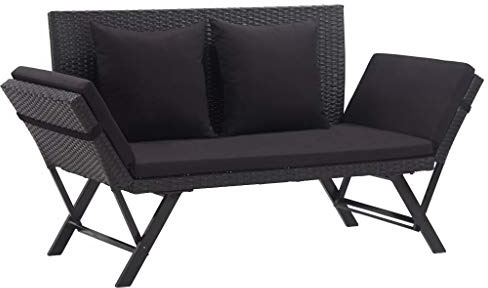yorten Gartenbank mit Auflagen, Sonnenliege Sitzbank Bank Gartenliege Liege Parkbank Balkonbank 176cm Schwarz Poly Rattan