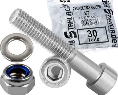 Stahlia 10 Zylinderkopfschrauben 10 Unterlegscheiben & 10 Muttern Set M10 x 90 mm Edelstahl Teilgewinde (30 Teile) DIN 912|125|985 Maschinenschrauben Innensechskant