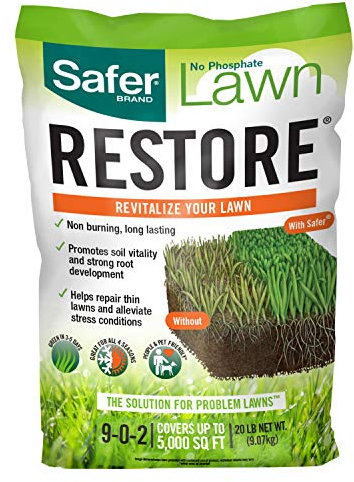 Safer Brand 9335SR - Fertilizante natural para restauración de césped, fertilizante que no se quema, 9-0-2 NPK, cubre hasta 5,000 pies cuadrados
