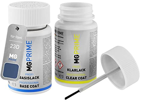 MG PRIME Autolack Lackstift für Opel 23D / G6L Perl Blau Metallic +1K | Voltaic Blue Metallic, Set aus Basislack + Klarlack, Lackfläschchen mit Pinsel, je 50ml