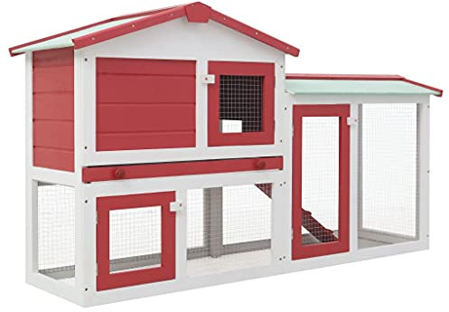 YITHOPI Holz Großer Kaninchenstall Hasenstall Kaninchenkäfig Hasenkäfig Kleintierstall Hasenvilla Meerschweinchen Rot und Weiß 140 x 46 x 85 cm (L x B x H)