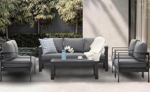 GLP Gartenmöbel Set Aluminium 6-7 Personen, Terassenmöbel Wetterfest mit Sofa, Tisch, Hocker & Kissen, Gartenlounge Set für Innen- und Außenbereich (Grau & Dunkelgrau)