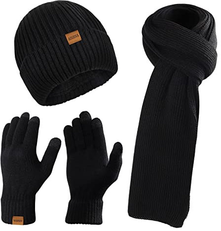 AISHNA Mütze, Schal Handschuh-sets für Damen Herren, Touchscreen-Handschuhe und Winterstrickmütze und -schal im Set mit Warmem Fleecefutter