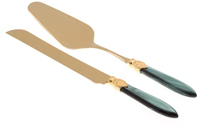 Rivadossi Laura Oro Verde scuro - Set di Pala e Coltello per Torta, 2 Pezzi - 100% Made in Italy, Artigianalità e Design - Acciaio Inox 18/10
