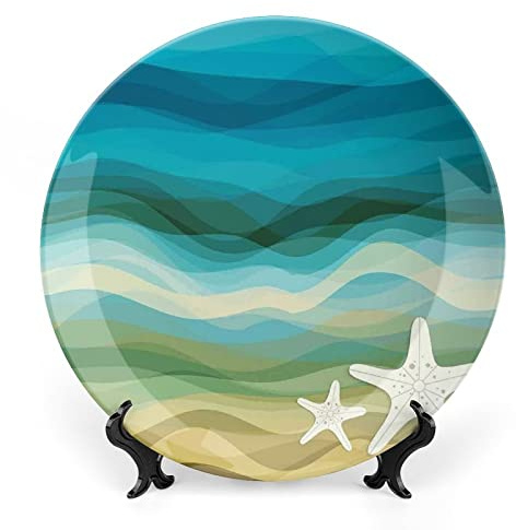 LIGUTARS Decorative Plates, Abstract Decor Print Ornament, Modern Waves Starfish Sandy Beach Aquatic, 10 Inch, Kitchen Wall Decor, Blue Beige