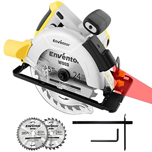 Enventor Circular Saw, 1200W 5800RPM Pure Copper Motor Electric Circular Saws with Laser Guide, 2 Saw Blades(185mm, 24T+ 40T), Max Cutting Depth 62mm (90°), 42mm (45°) for Wood Cutting Corded 76343-1L