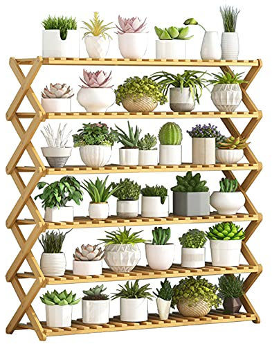 6-stöckiger Bambus-Pflanzenständer, Faltbarer Organizer, Blumenregal, Pflanzenregal für den Innen- und Außenbereich, für Zuhause, Terrasse, Rasen, Garten, Balkonhalter