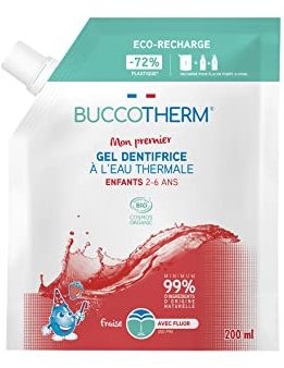Buccotherm | Mein erster - Bio Kinderzahnpasta | Bekämpft Karies & Zahnbelag | Eco-Nachfüllpack | 99% natürliche Inhaltsstoffe | Erdbeergeschmack | Hergestellt in Frankreich | 200ml