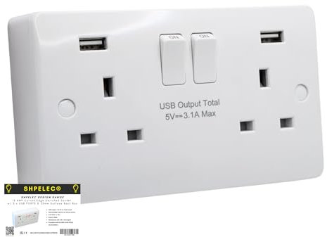 SH|P ® CONVEX Range 13A Double Wall Socket with FASTCHARGE 15W 3.1A 5V USB A+A + 29mm Surface Mount Back Box Set White Plastic Electrical Sockets Range Screw Caps (USB Type A - 2 Gang)