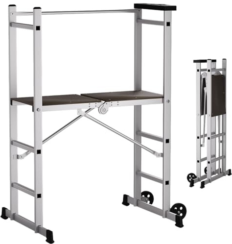 APARECIUM 5' Foldable Aluminum Scaffolding, Portable Scaffolding Ladder, Rolling Scaffolding Work Platform, Scaffold Tower, Ladder Stool Work Bench, Adjustable Work Platform, 330 Lbs Duty Rate