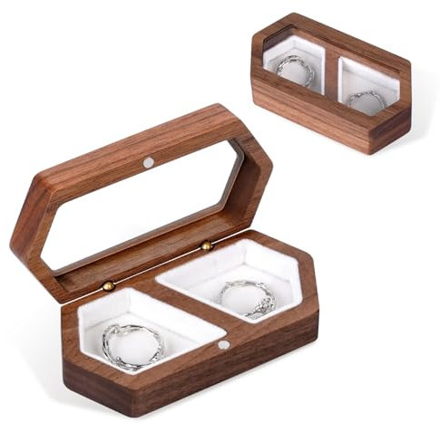 Libershine Ring Box Ringschachtel Hochzeit Ringbox Holz Vintage Massive Walnuss Ohrringe Etui Anhänger Boxen mit Samt Interieur für Heiratsantrag, Verlobung, Hochzeit und Tägliche Lagerung, Weiß