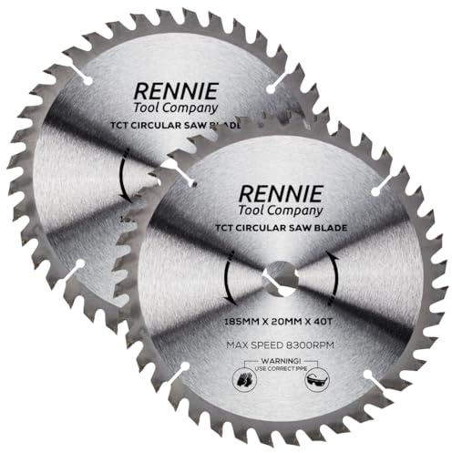 Rennie Tool 2pc 185mm x 20mm Bore (16mm Ring) x 40T TCT Circular Saw Blades | Fits Evolution Bosch Makita Circular Saws Etc. 185mm Wood Saw Blades x 20mm Bore + 16mm Bore Reduction Rings